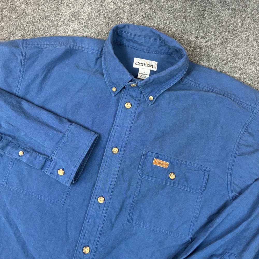 Vintage Carhartt Mens Large Blue Long Sleeve Cotton Button Down Work Shirt 6353